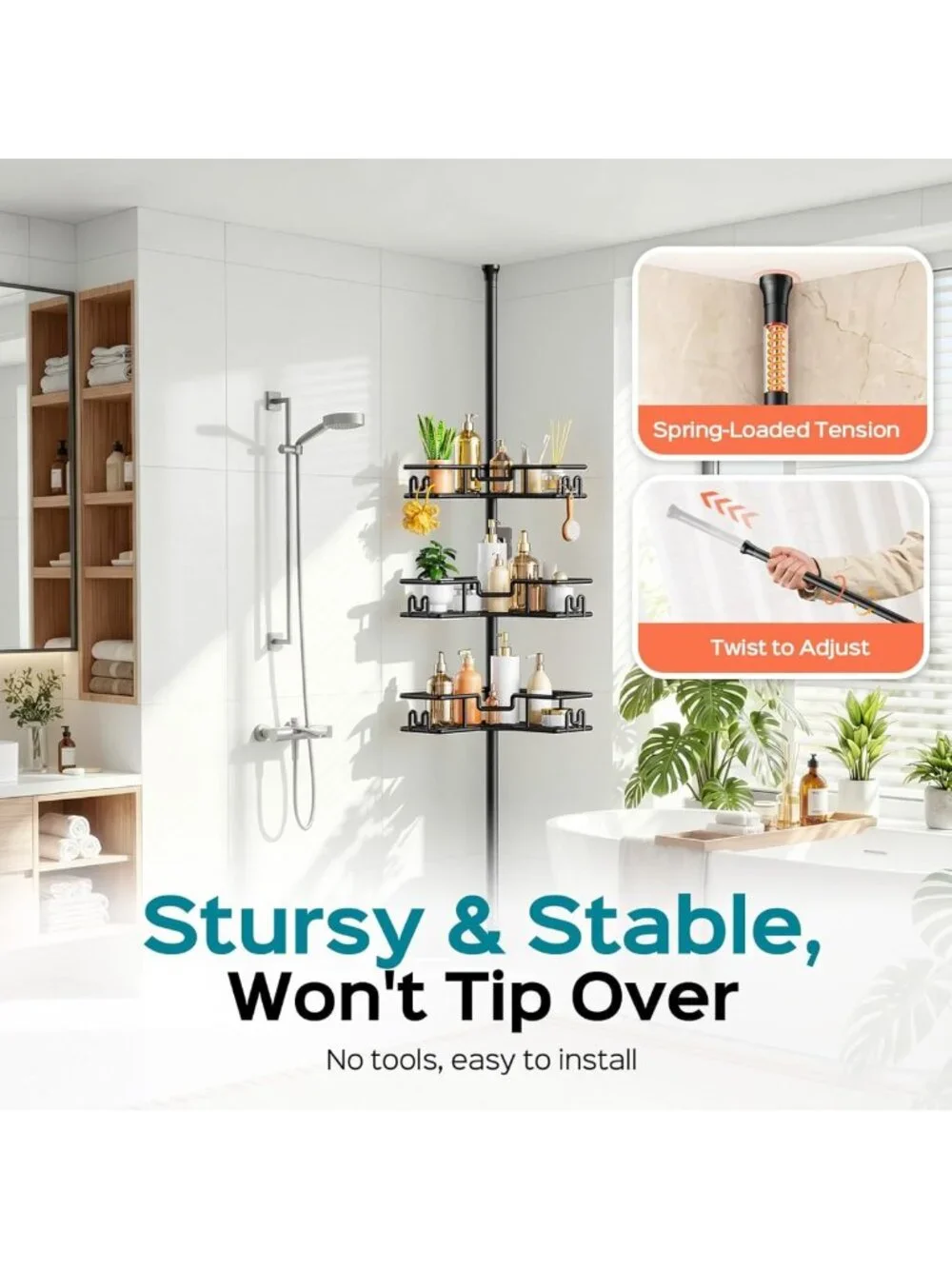 Adjustable 4-Tier Shower Caddy Tension Pole - Rustproof Corner Organizer Rack